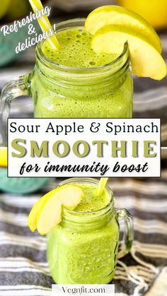 Sour Apple And Spinach Green Smoothie Sweet Spinach Smoothie, Apple Smoothie Recipes Healthy, Smoothie Apple, Green Apple Smoothie, Spinach Smoothie Recipes, Immunity Boost, Blueberry Banana Smoothie