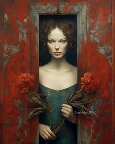 a painting of a woman with red flowers in her hand and behind the door is a frame