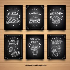 four chalkboard menus with different types of food