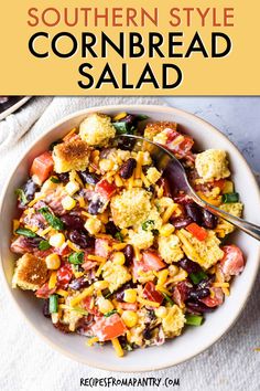 cornbread salad in a white bowl with the title text overlay reads southern style cornbread salad