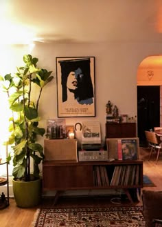 a living room filled with furniture and a large potted plant on top of a wooden table