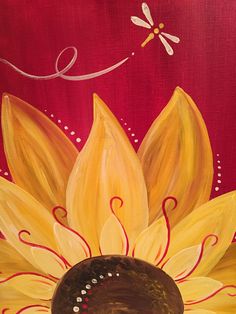 an acrylic painting of a sunflower with a dragonfly on it's back