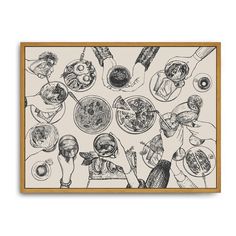 a black and white drawing with food on it