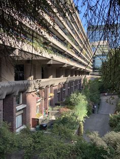 an apartment building with lots of windows and plants growing on the side of the building