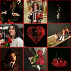 a collage of photos with red roses in the shape of heart and man's face