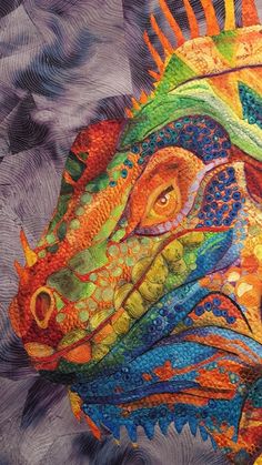 a painting of a colorful dragon on a purple background