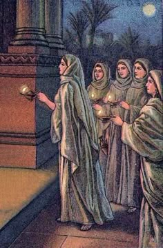 a painting of women dressed in robes holding candles and looking at each other while standing outside