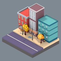 a low polygonal city with trees and buildings