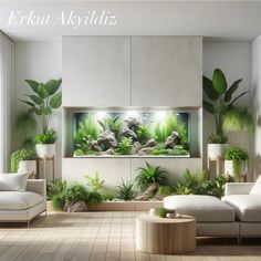 a living room filled with lots of plants next to a wall mounted fish tank in the corner