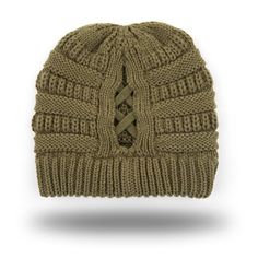 Stay warm and stylish with the C.C Criss-Cross Pony Beanie. This versatile and comfortable hat features a unique elastic stretchy criss-cross design that allows for easy access to your ponytail or messy bun. Crafted with soft, adjustable acrylic, it provides a cozy fit perfect for the cool winter weather. Suitable for a variety of activities, from commuting to outdoor adventures, this beanie is a must-have accessory that will complement any outfit. Size: One Size.  Color: Green.  Gender: female. Cc Knit Hat, Ponytail Knit Hat, Messy Bun Knitted Hat, Beanie Looks, Knitted Ponytail Hat, Olive Hat, Ponytail Hats, Bun Ponytail, A Messy Bun