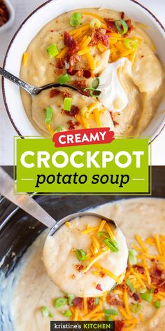 this creamy crockpot potato soup is loaded with cheese and bacon