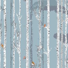 birch trees and birds in the woods on a blue background