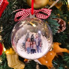 an ornament hanging from a christmas tree with two people and a dog on it