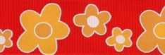 a red ribbon with yellow and white flowers on it