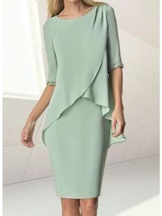 Sheath / Column Mother of the Bride Dress Wedding Guest Elegant Jewel Neck Knee Length Chiffon Half Sleeve with Beading Ruching 2023 2023 - US $109.99 Dress Sage, Fall Wedding Guest, Midi Dress Formal, Summer Wedding Guests, Elegant Midi Dresses, Dress Wedding Guest, Elegant Skirt, Summer Wedding Dress, Fall Wedding Dresses