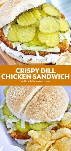 crispy dill chicken sandwich with pickles and potato chips