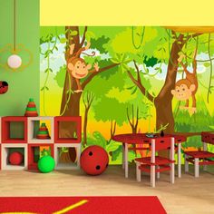 a child's room with monkeys in the trees