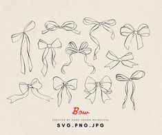 various bows drawn by hand with the word bow svg - png jpg