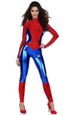 a woman in a red and blue costume posing for the camera with her hands on her hips