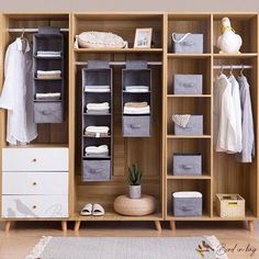 an organized closet with clothes, shoes and other items on shelves next to a rug