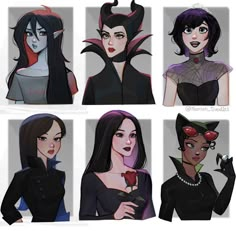 some very cute cartoon girls with different hair colors and makeup looks like they're from the animated movie maleficents