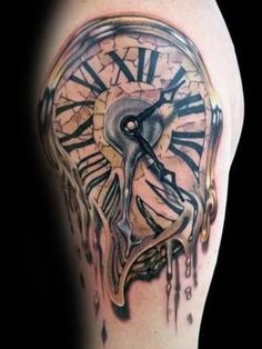 a clock tattoo on the arm with dripping paint