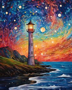 a painting of a lighthouse at night with stars in the sky and water around it