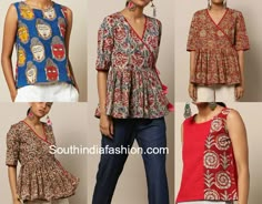 Ikat Short Kurti, Short Kurta Designs Women With Jeans, Jeans Kurti Style Tunic Tops, Simple Cotton Tops For Jeans, Ethnic Tops For Jeans, Kalamkari Kurti Designs Latest, Ajrakh Tops, Short Kurtis For Jeans Cotton, Cotton Top Design