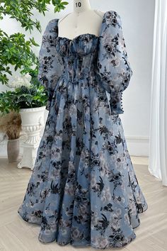 MissJophiel Corset Steal Blue Floral Print Organza Dress with Removable Puff Sleeves Modest Dress Outfits, Floral Organza Dress, Blue Gowns, Royal Blue Gown, Floral Floor, Cute Formal Dresses, Gowns Dresses Elegant, Floral Gown, Organza Dress