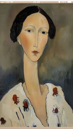 an oil painting of a woman in white with red flowers on her chest and black hair