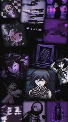 an animated collage of anime characters in black and purple