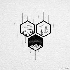 three hexagons with mountains and trees on them, one is black and white