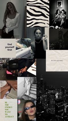 a collage of black and white photos with zebra print on them, including the words find yourself first