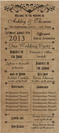 a wedding program is shown on a piece of paper with the names and dates in black ink