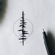 an ink drawing of a pine tree in the middle of a circle with dots on it