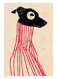 a drawing of a dog wearing a red and white striped dress