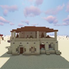 an image of a house in the middle of desert with clouds above and sand below