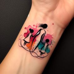 a couple holding hands on their wrist with watercolor splashes around them and the silhouettes of two people