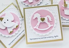 three pink and white greeting cards with an elephant, horse, and heart on them