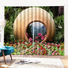 a living room with flowers and plants on the wall next to a sliding glass door