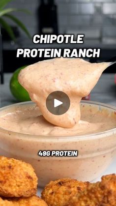 chipotle protein ranch in a bowl with chicken patties and dipping sauce on the side