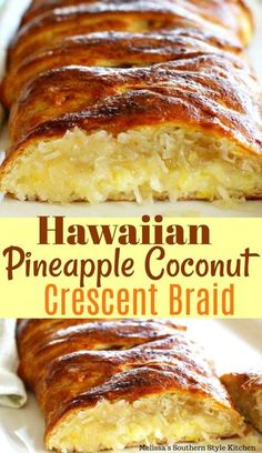 hawaiian pineapple coconut crescent bread on a white plate