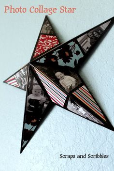 an origami star hanging on the wall with pictures and photos in it's center