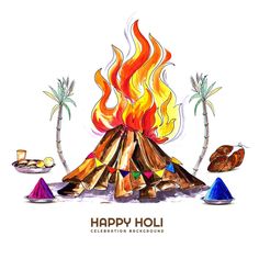 a drawing of a bonfire with colorful powders around it and the words happy holi written below