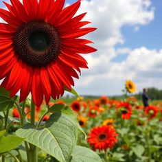 a large sunflower standing in the middle of a field with many other flowers behind it