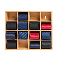 PRICES MAY VARY. 【Natural Materials】: The tie box is made of natural bamboo, which is friendly, strong, durable and moisture-proof. The surface of this tie racks for men is polished and smooth so it won't get stuck while protecting your ties. 【Space Saving】: The tie box saves your space very much, it has 16 compartments and comes with mounting screws, it can be put into the wardrobe or hung on the wall, enough to meet your multiple needs, you can share your tie box with family and friends. 【Dimensions】: The overall size of this tie holder wall is about 15 x 2.75 x 12 inches (L x W x H), and the compartments size are about 3.43 x 2.6 inches, which are suitable for storing neckties about 3.35 inches or narrower; And they are also ideal for storing watches, belt, scarf, keys, tie clips, key c Tie Storage Ideas, Tie Display, Closet Storage Accessories, Tie Organizer, Fancy Tie, Tie Storage, Tie Box, Tie Holder, Belt Storage