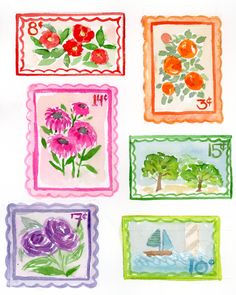 four different colored stamps with flowers on them