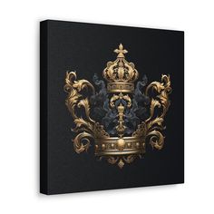 a black and gold canvas with an ornate crown on it