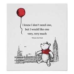 a winnie the pooh quote with a red balloon flying above it and an image of a