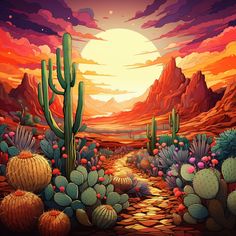 a desert scene with cactus trees and mountains in the background